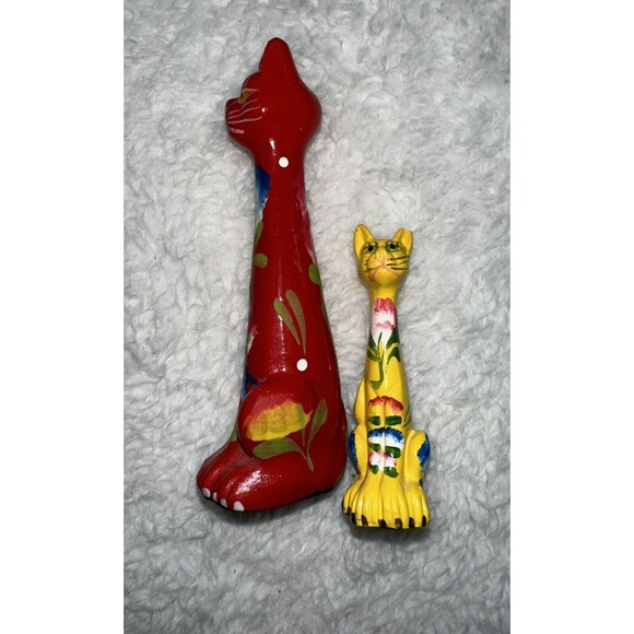 Folk Art Hand Painted Long Neck Cat Figurines 4” & 2.5” VTG MCM Anthropomorphic - Picture 10 of 16